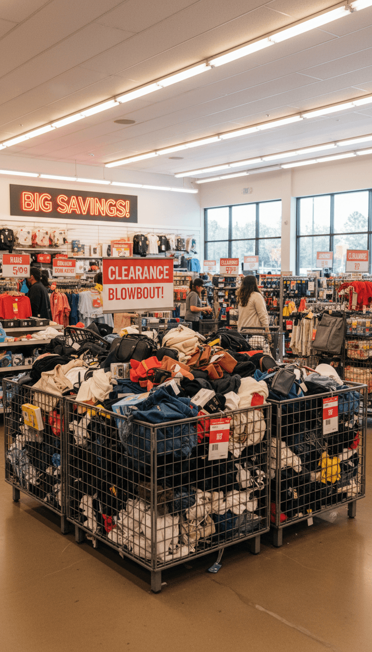 Liquidation bins stocked with merchandise inside a bright retail store