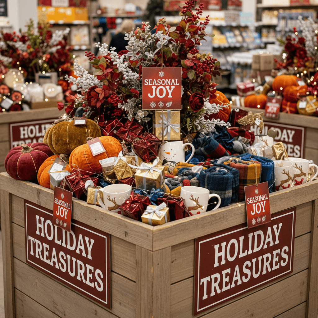 Colorful seasonal decorations and gifts in a retail bin