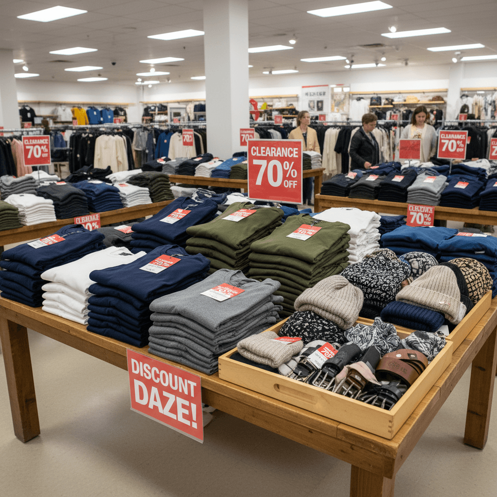 Folded clothing and accessories on a store table