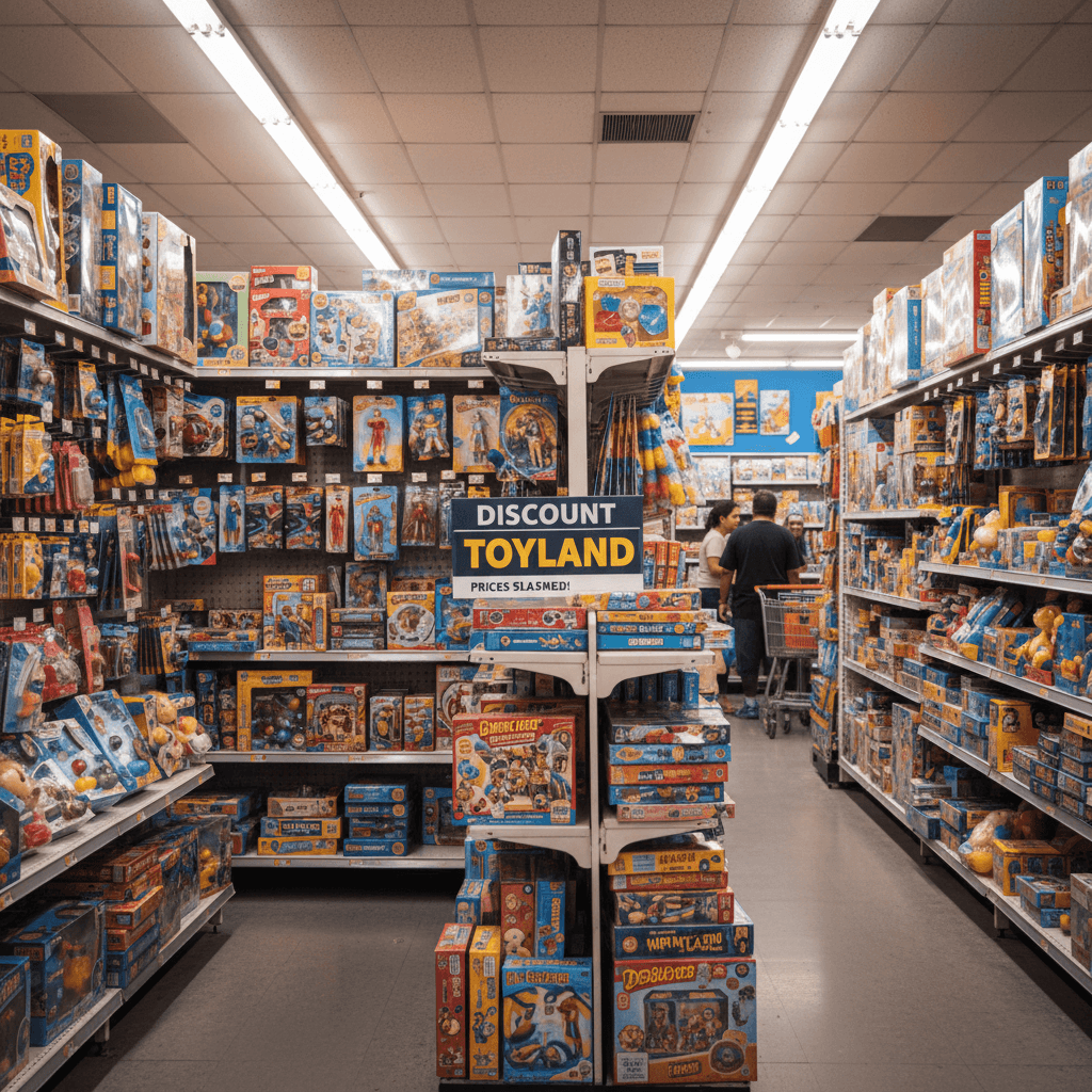 Colorful toys and board games on discount store shelves