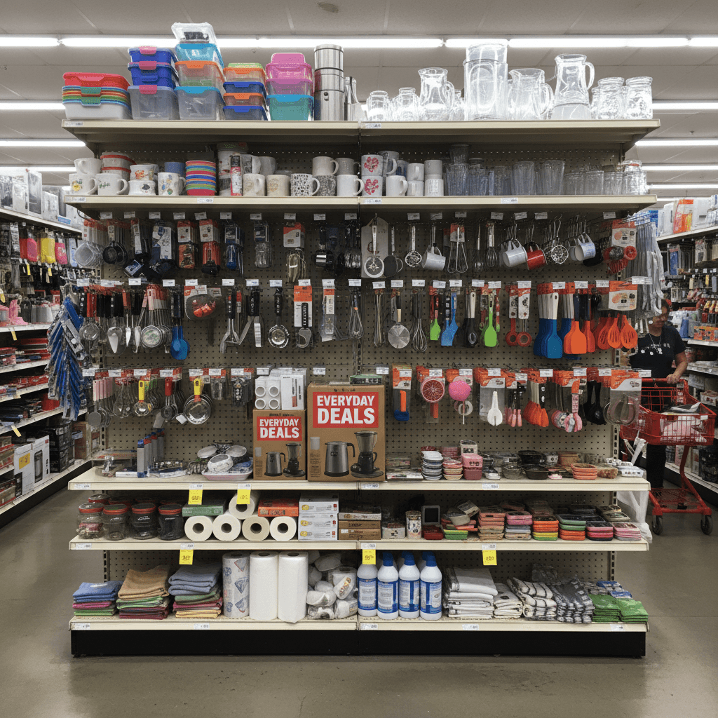 Assorted household items and kitchen gadgets on shelves