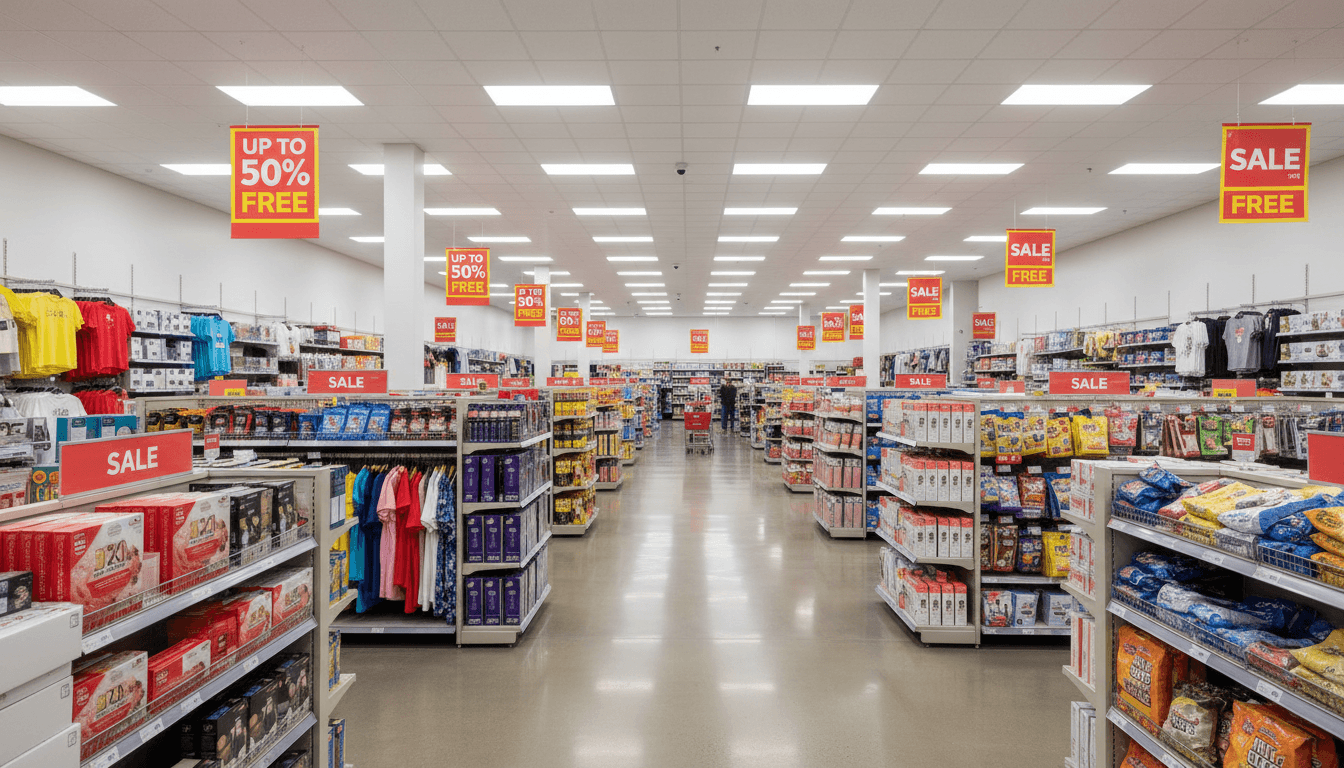 Bright retail store interior with stocked shelves and sale signage
