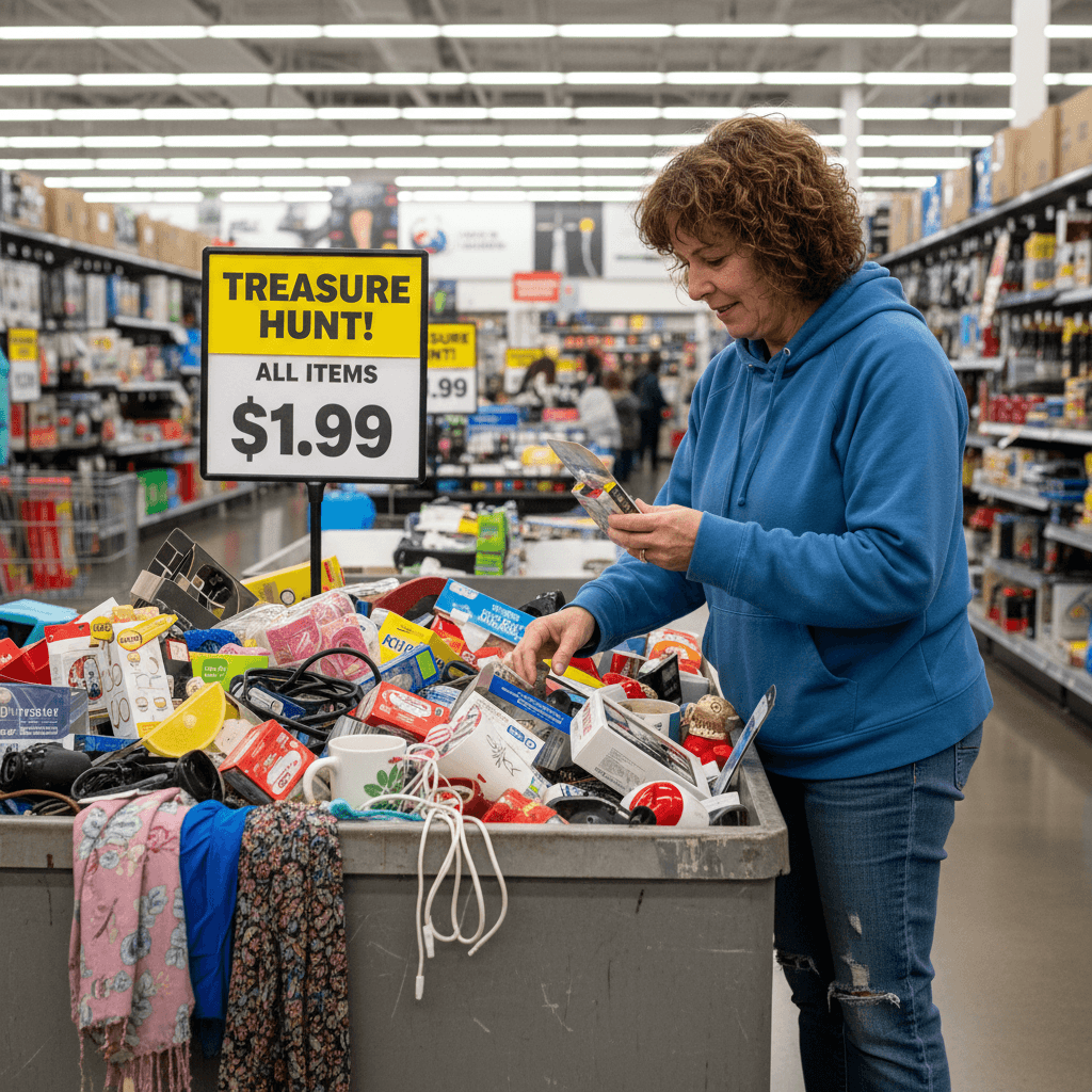 Shopper looking through a bin of mixed merchandise