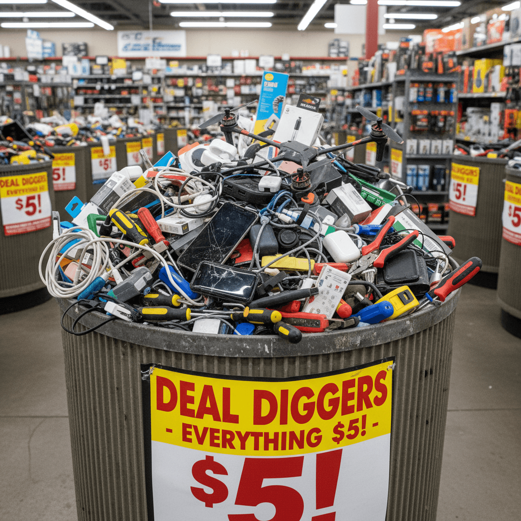 Electronics and hand tools on display in a bargain bin store