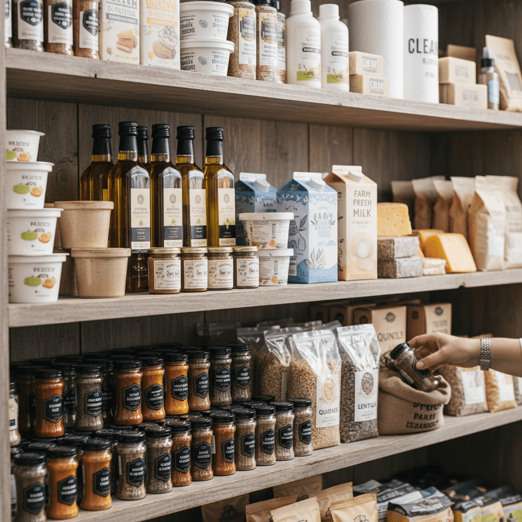 Aisle of shelves stocked with various products in a discount store