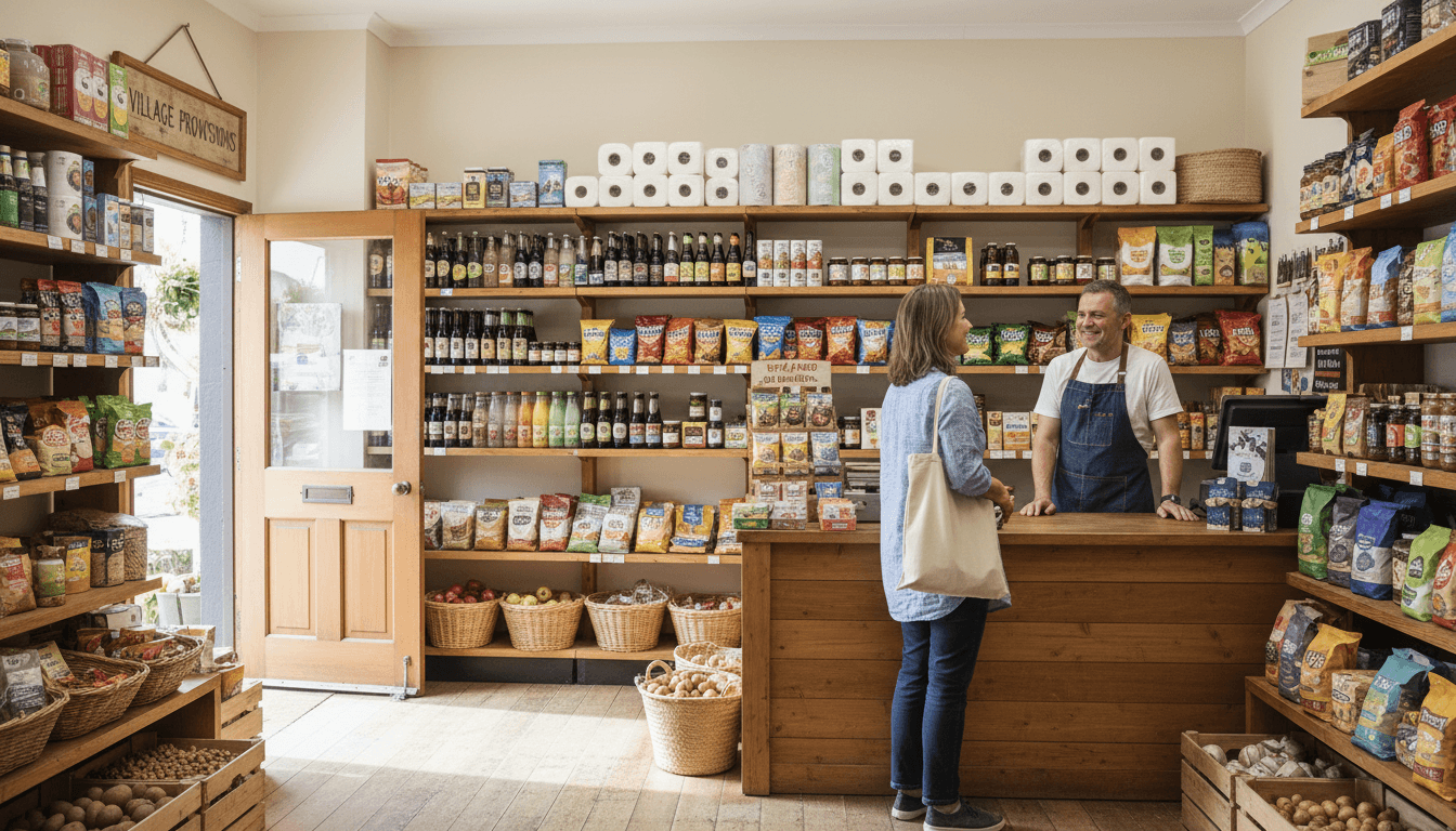 Friendly shop owner greeting a customer at a small neighborhood store