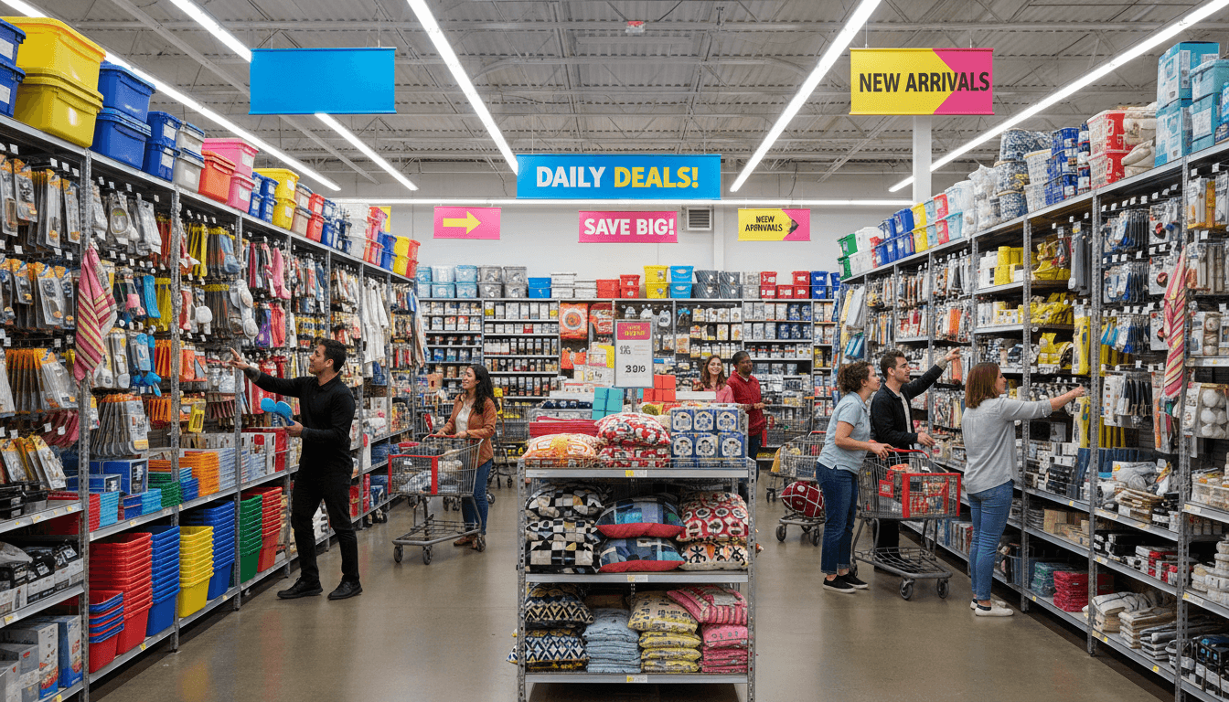 Shopper holding a bag full of discounted items in a bright liquidation store