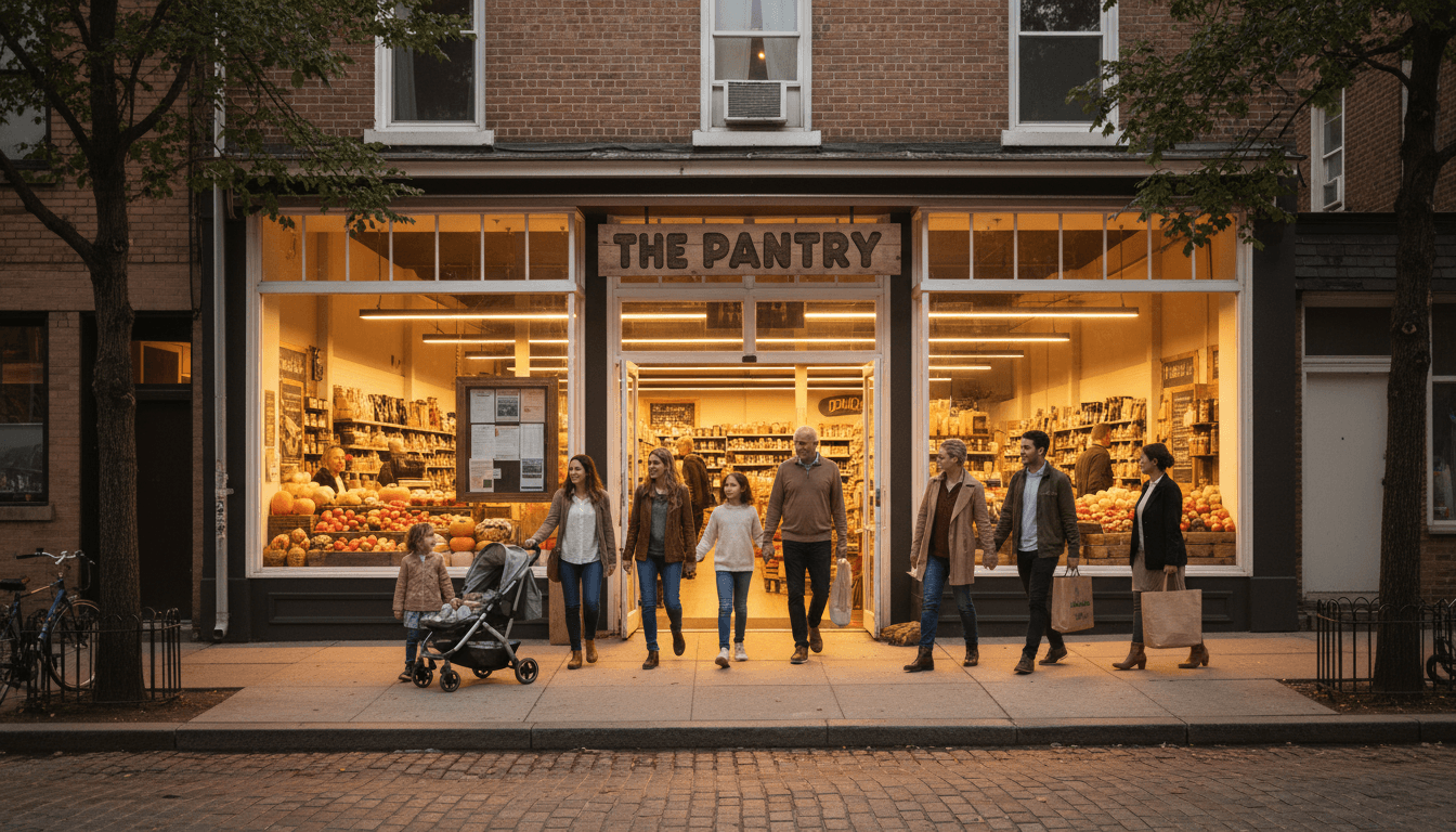 Bright retail storefront with open entrance and clearance sale sign in warm afternoon light