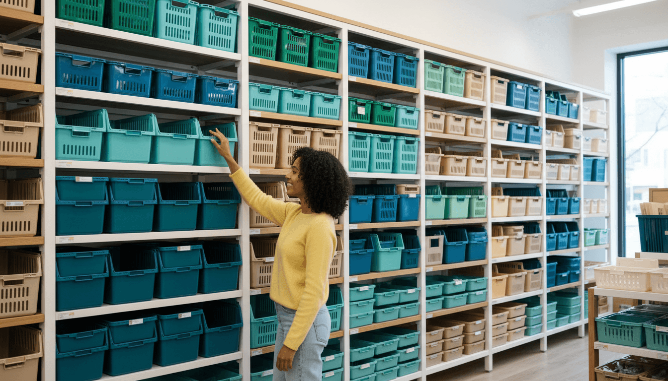 Plastic bins filled with assorted retail merchandise in a store