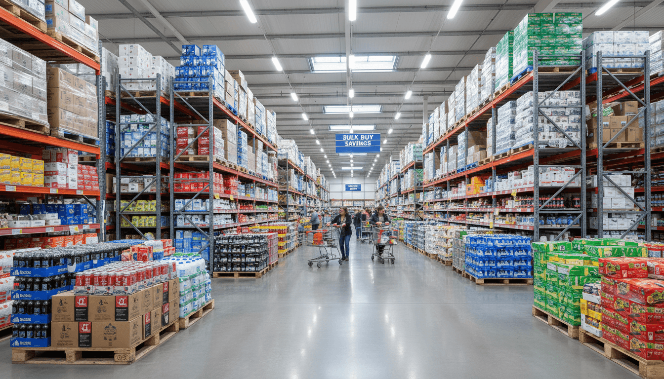Main aisle inside our liquidation store with stocked shelves