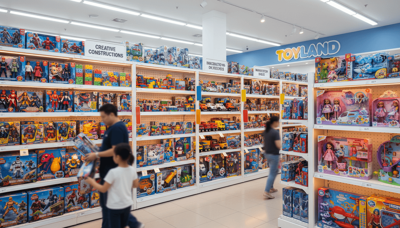Product displays with toys, electronics, and home goods