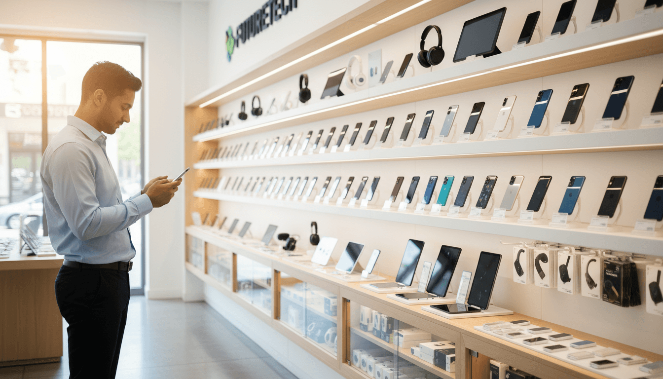 Assorted electronics and gadgets on a table in a discount store