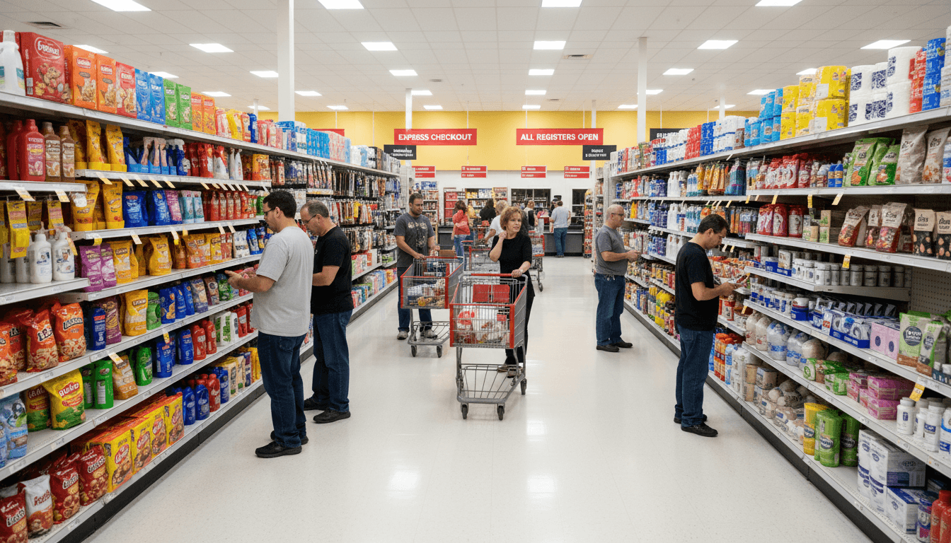 Bright retail shelves with yellow price tags on bargain items