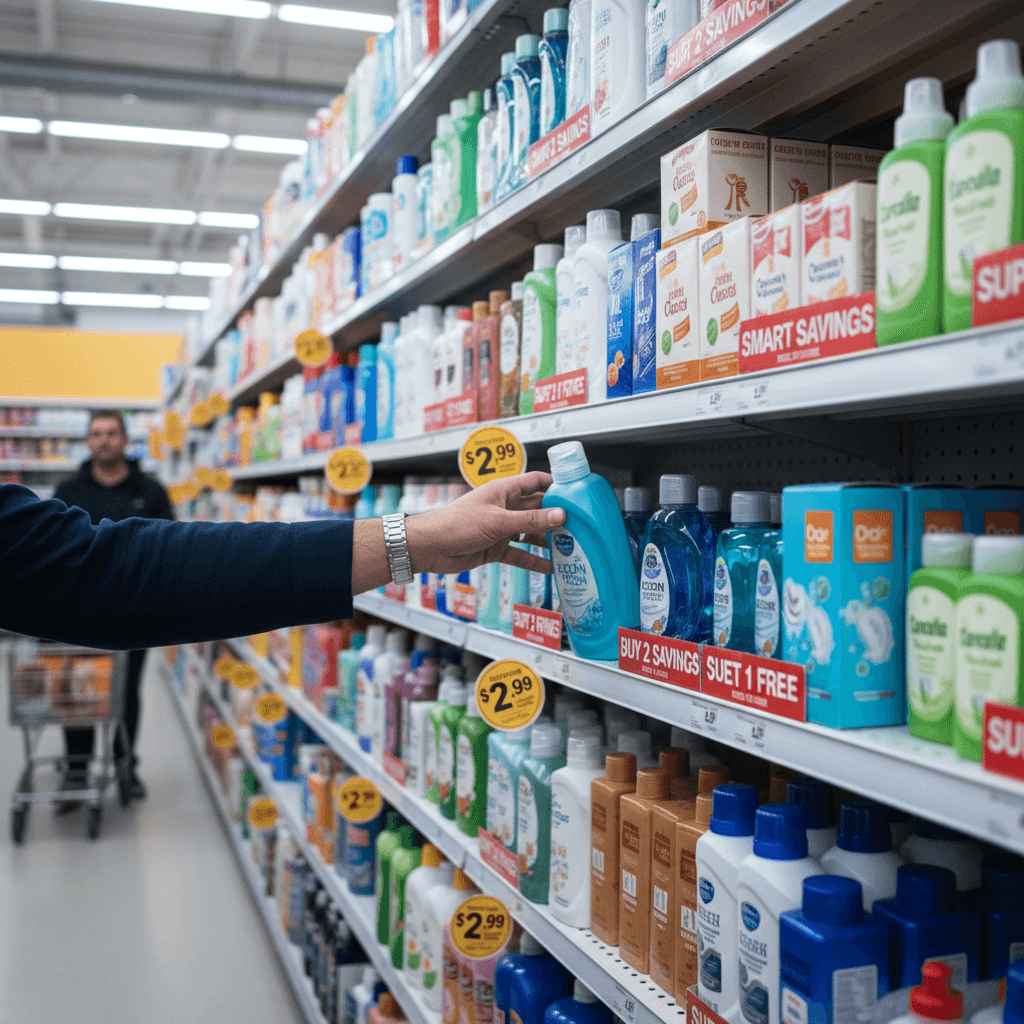 Customer digging through a bin of discounted products in a bright store